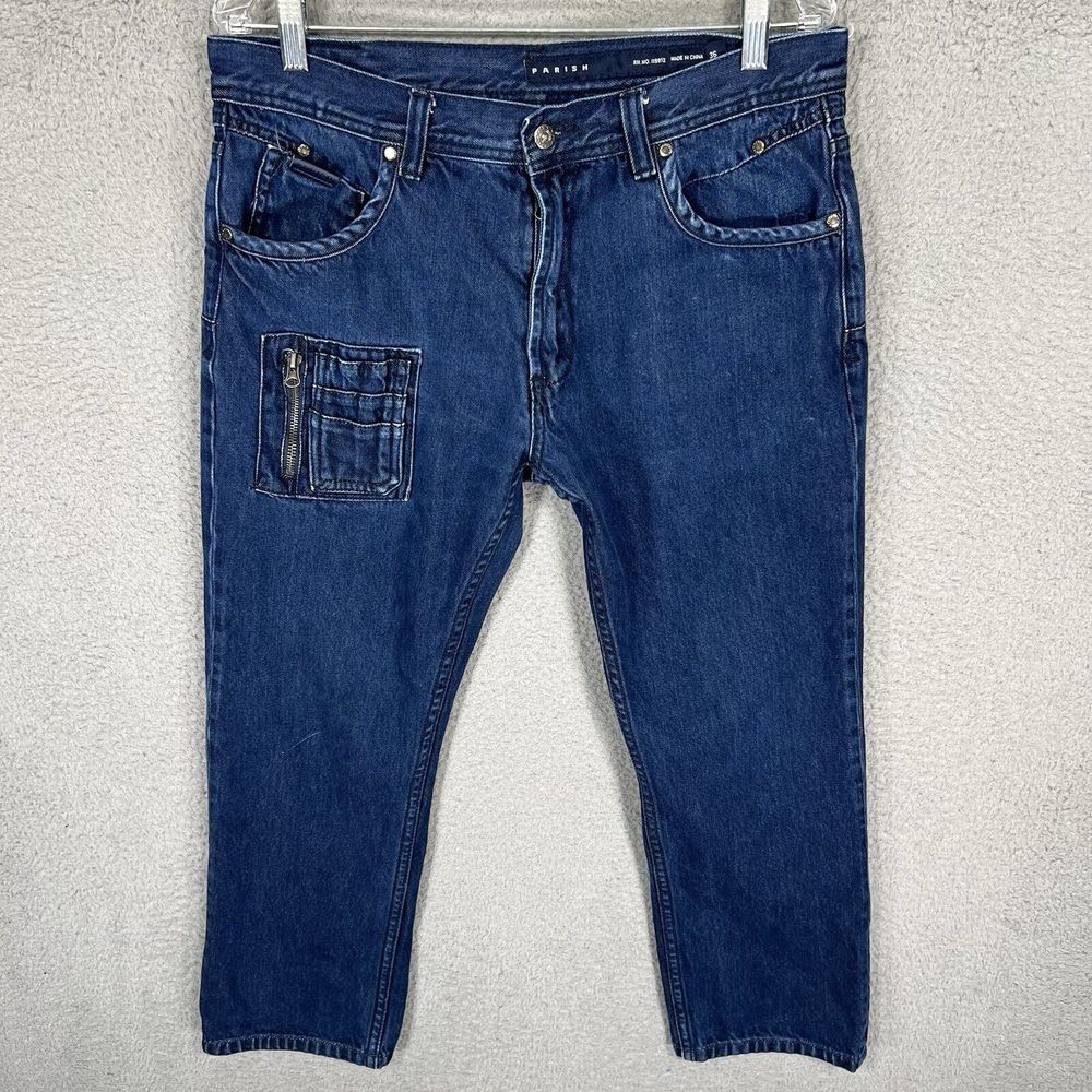 Parish Nation Jeans Mens 34x25 Blue Straight Leg Zipper Pocket Denim